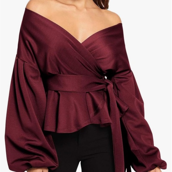 White Long Sleeve Bishop Sleeve Tie Waist Wrap Top/Blouse - Picture 11 of 11